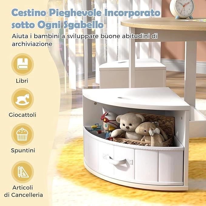 Set Tavolo e Sedie per Bambini a 5 Pezzi, Tavolino Rotondo Salvaspazio con 4 Sgabelli, Ripiano e 4 Cassetti in Tessuto, Set Mobili per Cameretta, Asilo e Disegnare (Naturale)