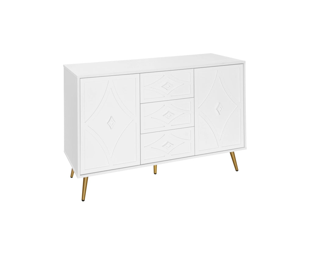 Cassettiera con Ante ¨C MINIMAL ¨C Bianco, Metallo Dorato, 3 Cassetti 2 Ante, 120x40x80, Design Moderno