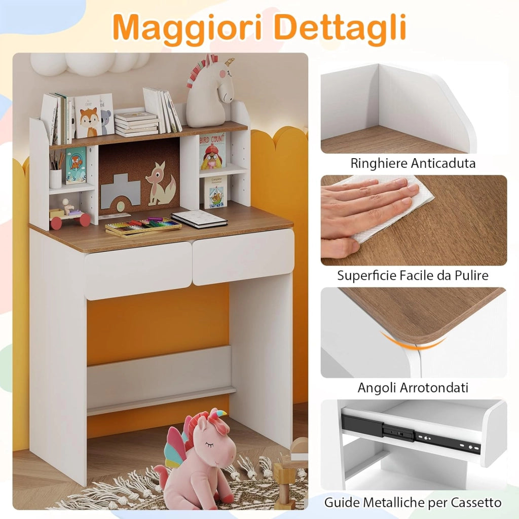 Scrivania per Bambini, 8-12 Anni, Tavolo in Legno con Bacheca in Sughero, Stazione di Ricarica, Ampio Piano, Mensole Regolabili e 2 Cassetti, Ideale per Studio e Disegno