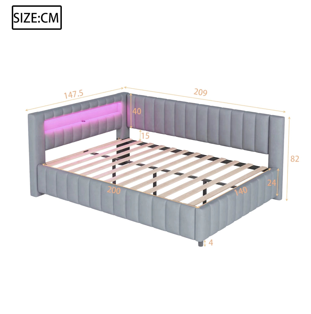 Divano letto 140x200 cm con LED e USB; velluto grigio (Senza materasso)