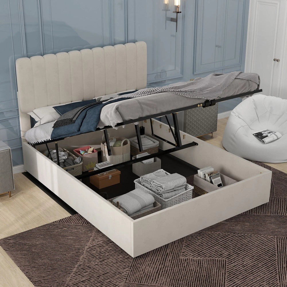 Letto Contenitore Imbottito ¨C MINIMAL ¨C Velluto Beige 160x200 con Rete e Testiera