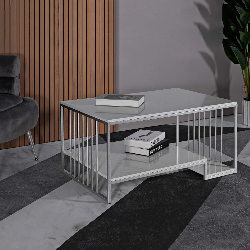 Fafaha, Tavolino da Salotto Forma Rettangolare, 90x45x60h cm Bianco Marmo