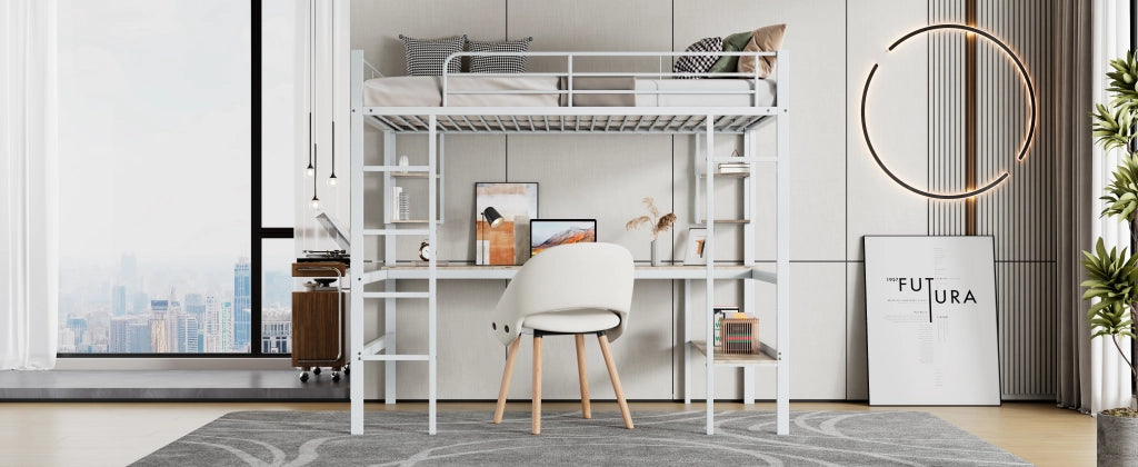 Letto a soppalco 90x200 cm con scrivania, libreria e ripiani, struttura in metallo bianco