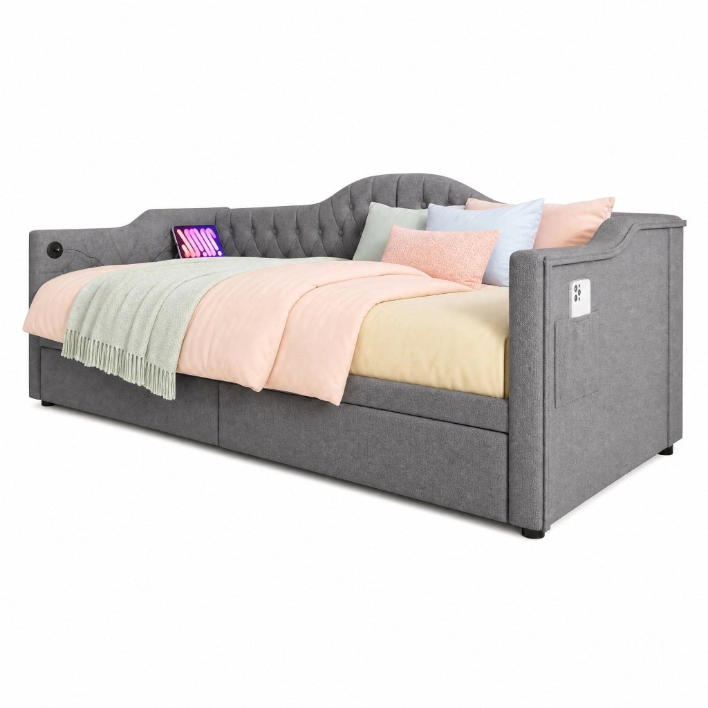 Letto da giorno imbottito in lino con 2 cassetti; USB e Type-C; 90x190 cm; grigio