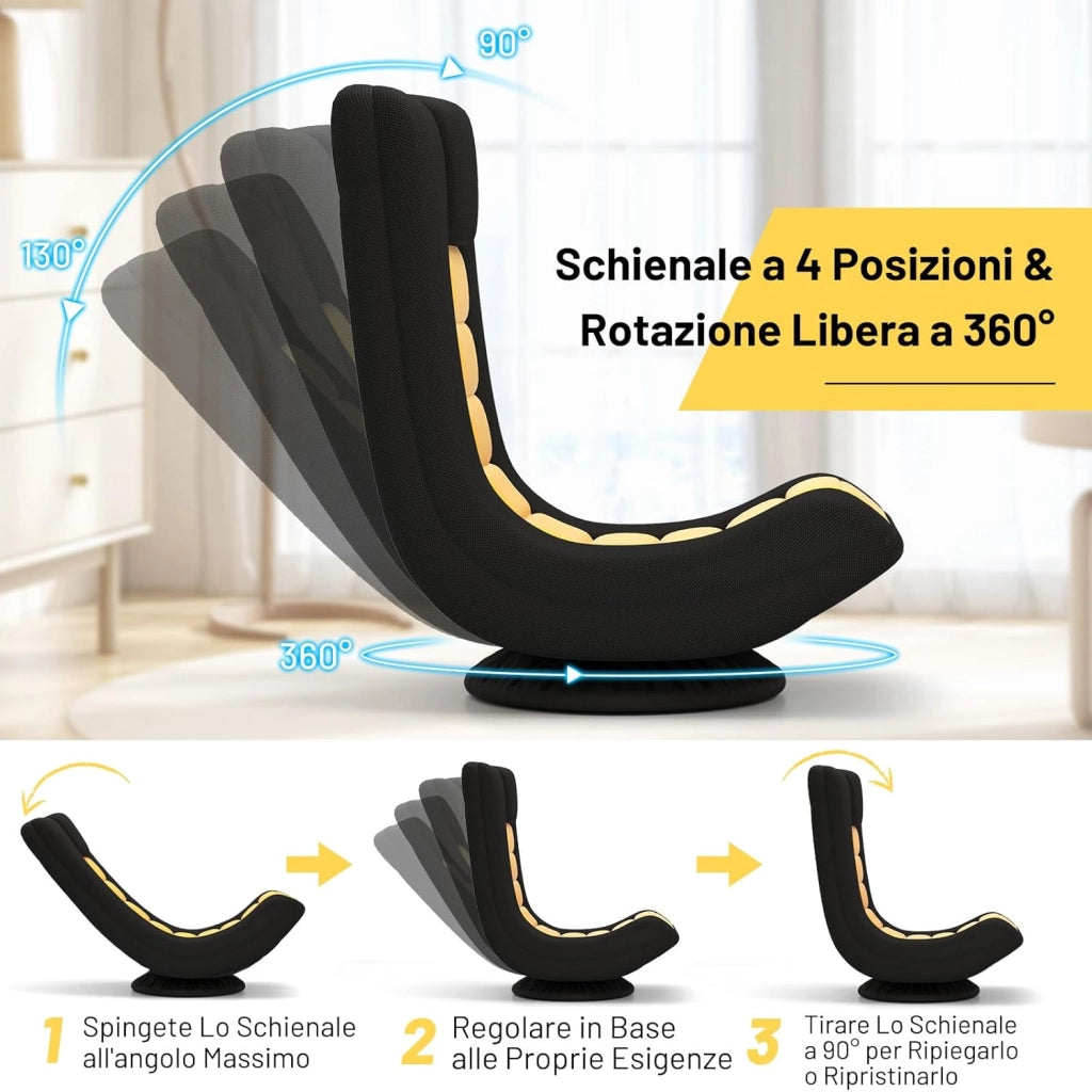 Sedia da Pavimento Pieghevole, Sedia Girevole a 360°, Sedie da Terra con 4 Posizioni Regolabili, Sedia per Lettura Gaming, Portata 140 kg