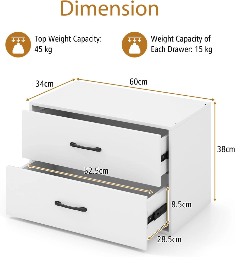 Cassettiera con 2 cassetti, dispositivo antiribaltamento, piccolo mobile in legno, per camera da letto, soggiorno, ufficio, comodino, 60 x 34 x 38 cm (bianco)