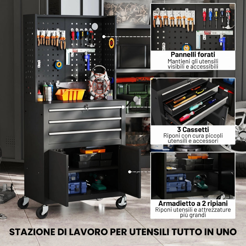 Carrello Porta Attrezzi 69x33x133 cm con Piano di Lavoro 3 Cassetti Pannelli Forati in Acciaio Nero