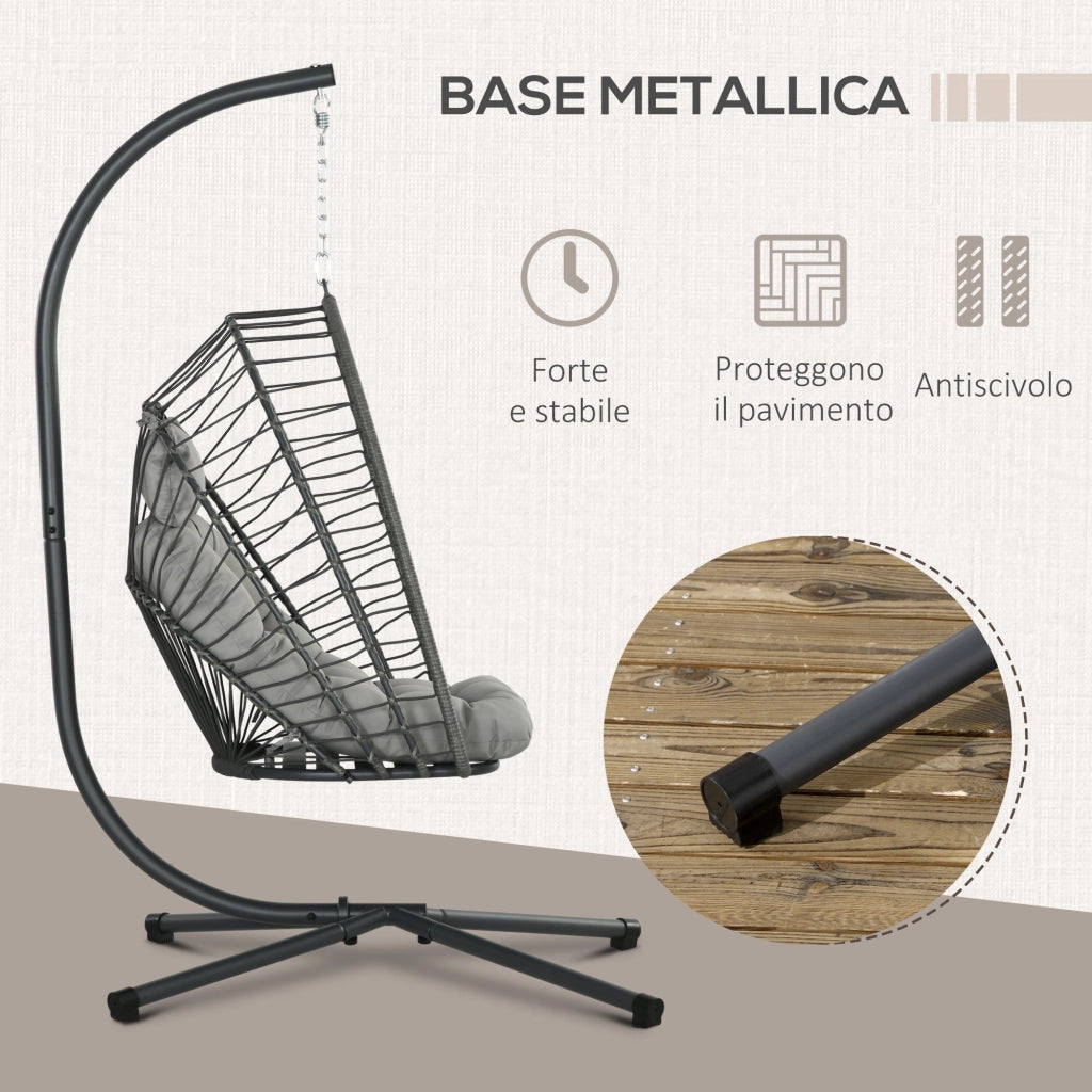 Dondolo Pensile da Giardino in Rattan PE con Cuscino Seduta Pieghevole e Struttura in Acciaio Grigio