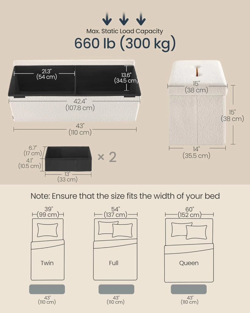 HOME Panca portaoggetti Ottomano, cassapanca 38,1 x 109,4 x 38,1 cm, panca da letto, portata fino a 300 kg, per soggiorno, camera da letto, ingresso, bianco crema ULSF097W01