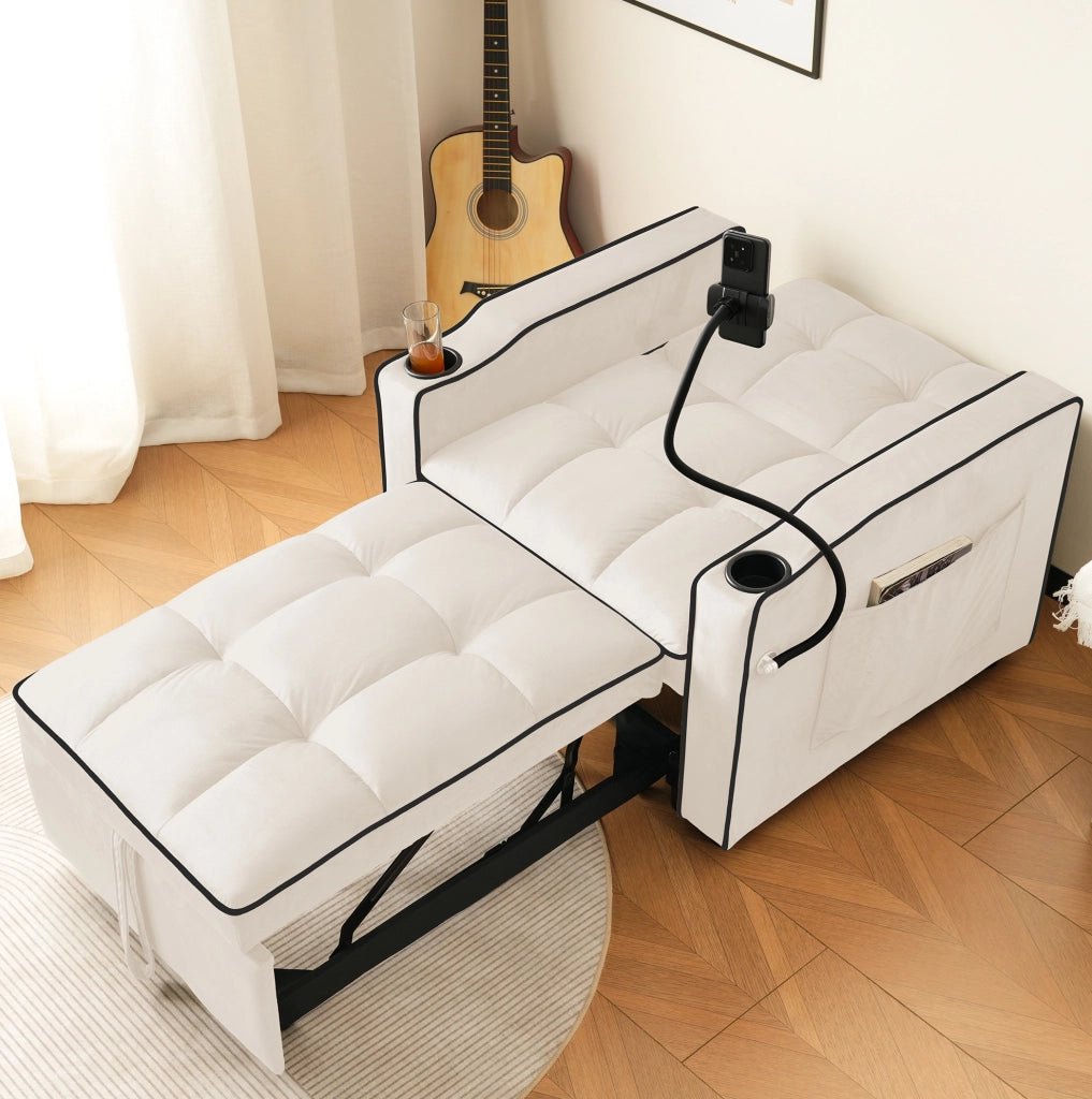 Divano letto singolo 3 in 1 estraibile con portabicchieri e porta telefono; beige 83x167x76 cm
