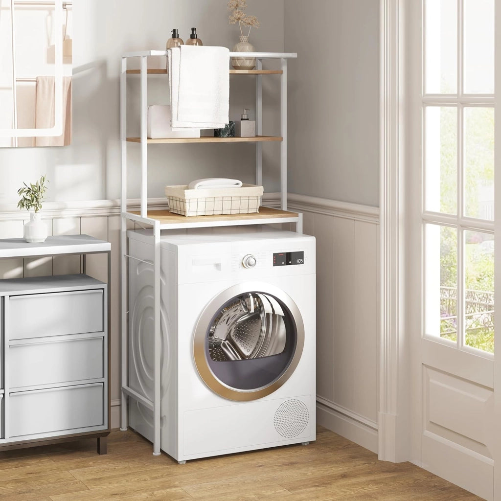 Scaffale sopra Lavatrice a 3 Livelli, Mobile sopra WC Autoportante con Asta di Sospensione, per Bagno o Lavanderia, Rovere Chiaro e Bianco, 67x40x162 cm