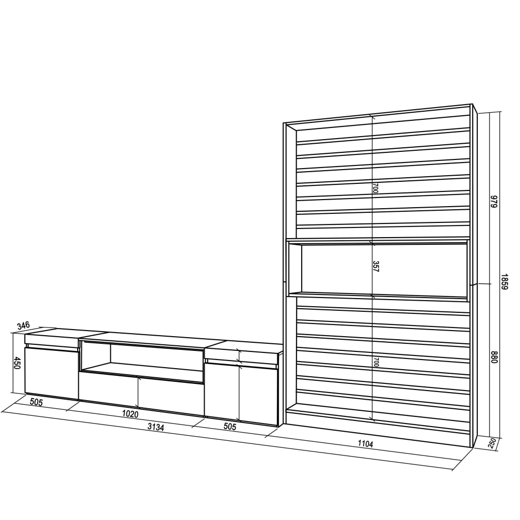 Mobile TV, Soggiorno, 310x35x186cm, Per TV fino a 80", Set di mobili, Bianco e nero RF2849