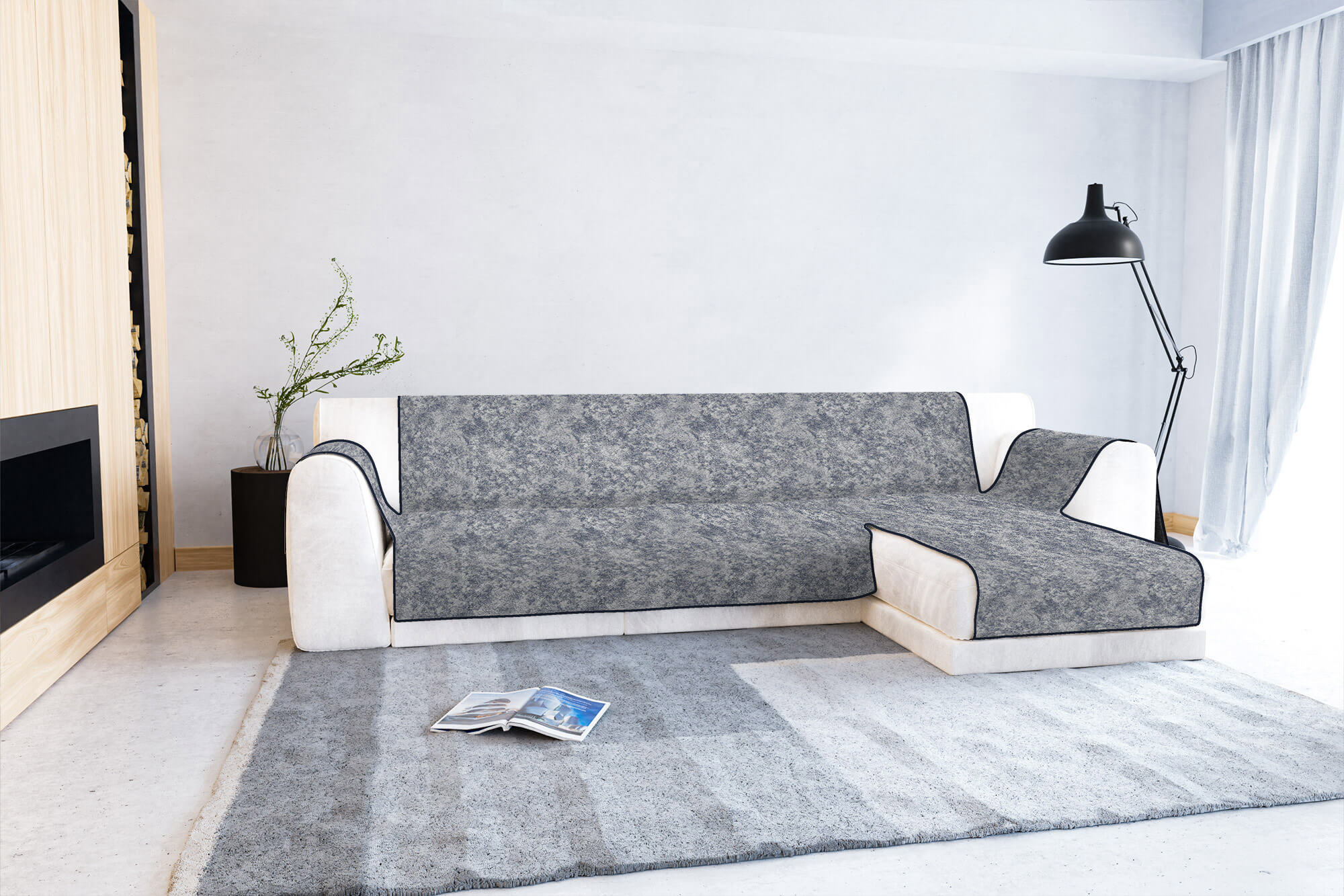 Copridivano con Penisola Destra Seduta 190 cm in Poliestere e Cotone Blu Scuro