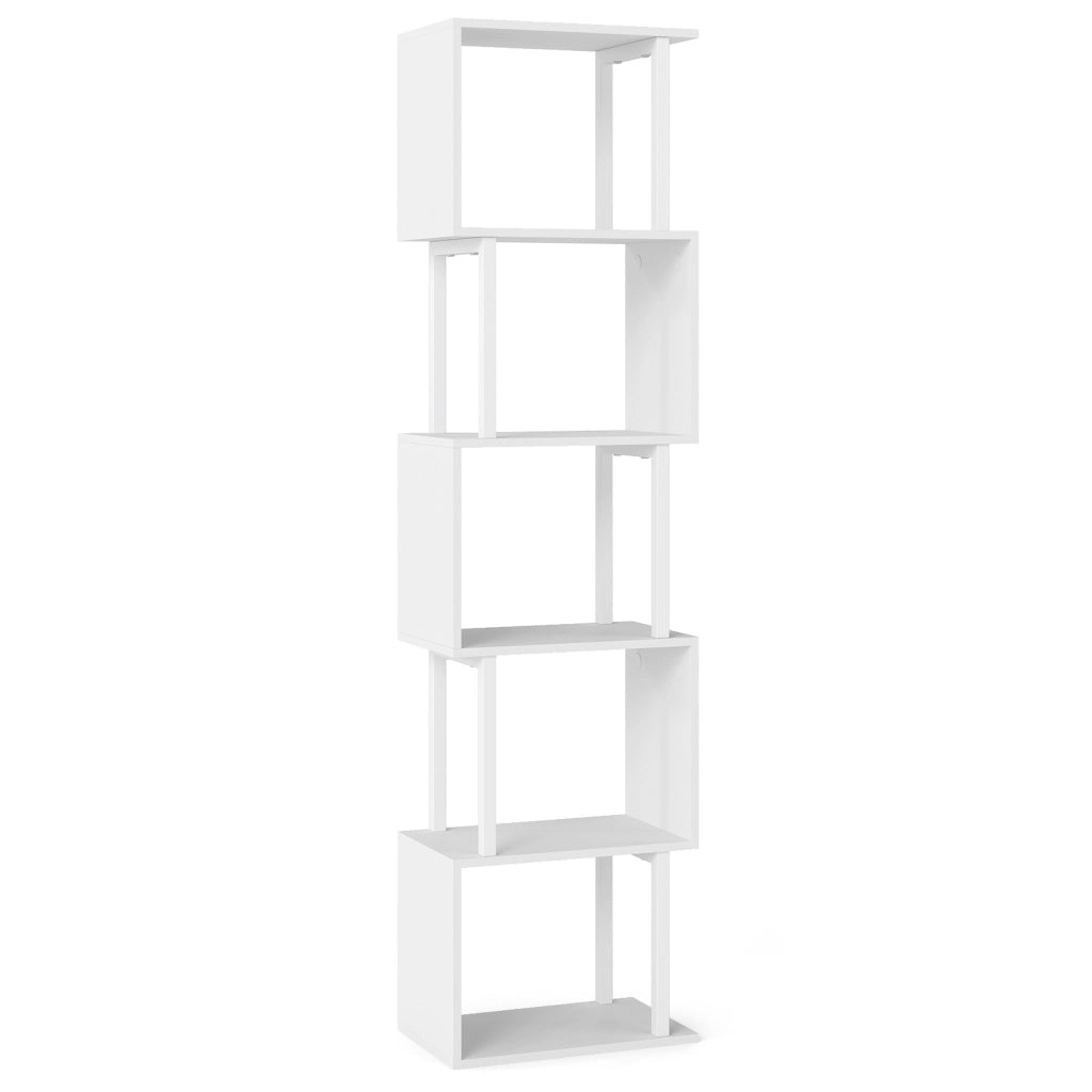 Libreria a 5 livelli in legno con struttura in metallo e 5 scomparti geometrici, Mobile portaoggetti salvaspazio per camera soggiorno ufficio Bianco