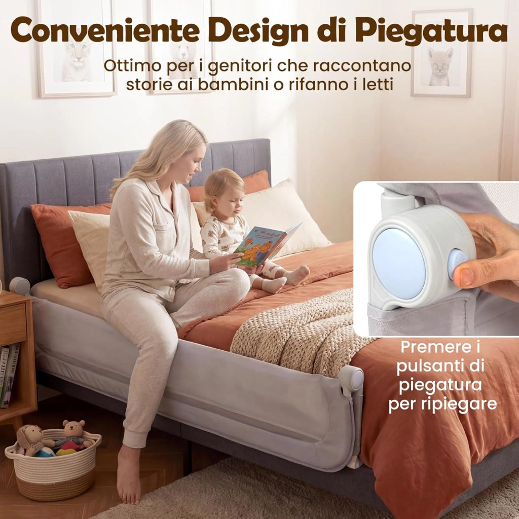 Sponda Letto per Bambini 80/120/150/180 cm, Barriera di Sicurezza per Neonati, Altezza Regolabile a 3 Livelli, Barriera Letto Pieghevole, con Cinghia di Sicurezza (180 cm,Grigio)