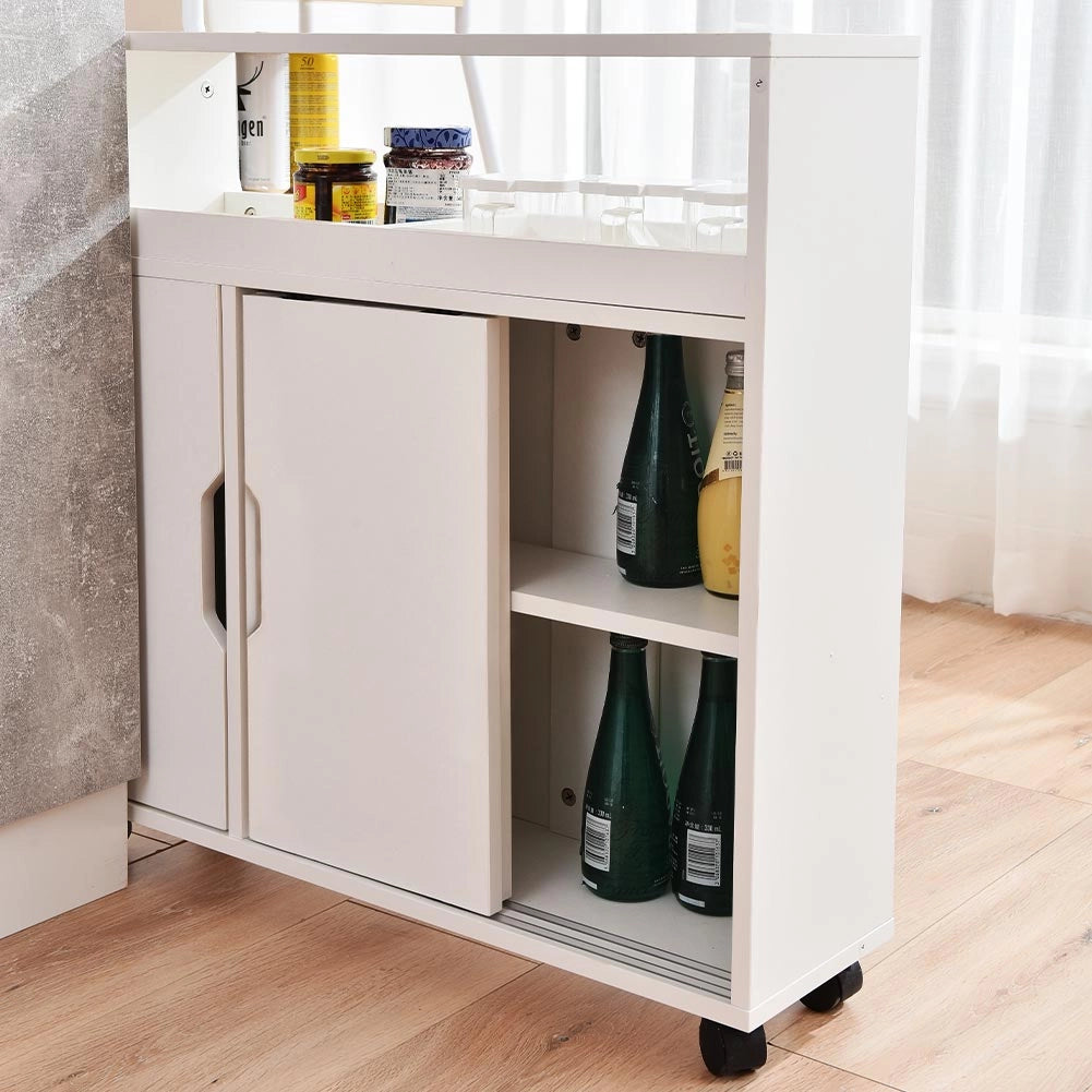 Carrello Portaoggetti Salvaspazio in Legno Bianco con 3Ante e 4Ruote Slim