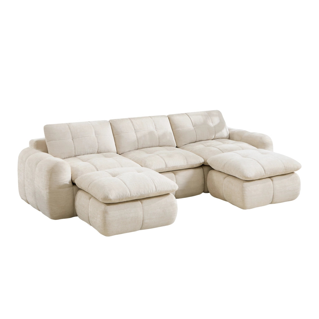 Divano modulare a U 3 posti - con pouf e struttura senza telaio - in chenille beige
