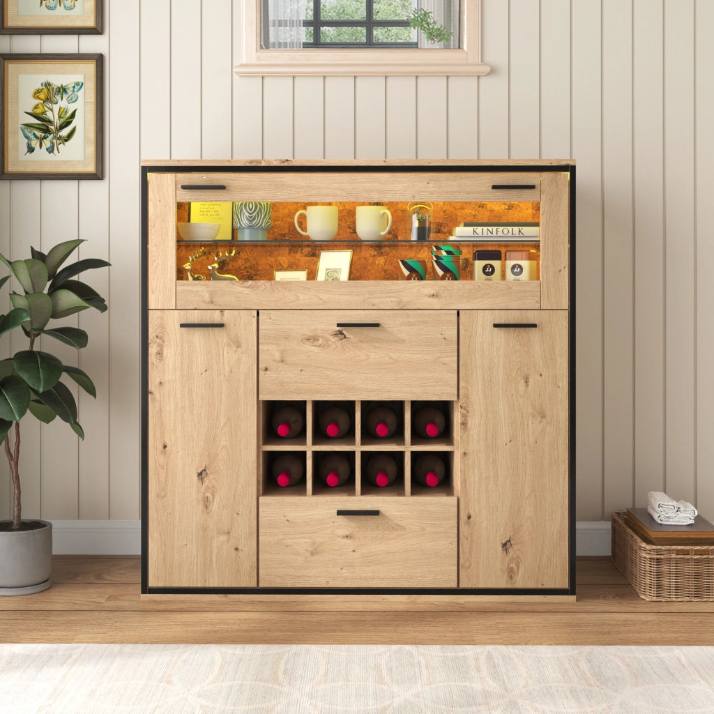 Credenza con 2 Ante; Portabottiglie e Divisorio in Vetro; LED 16 Colori; in Pannelli di Particelle; Naturale; 110¡Á38¡Á111 cm
