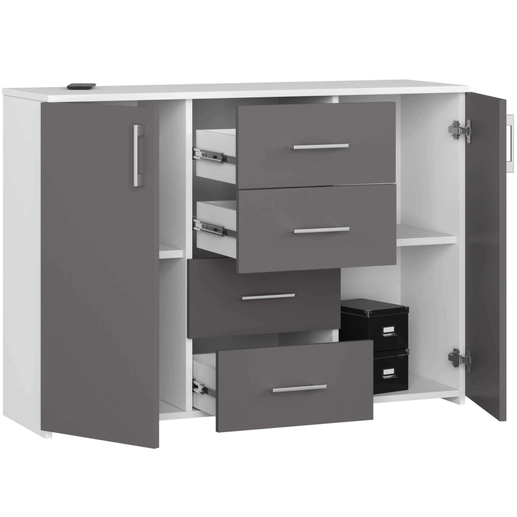 Cassettiera AKORD K45 Cassettiera Bianca 110 cm 2 ante 4 cassetti inserto frontale Grigio Grafite 110x35x80 cm