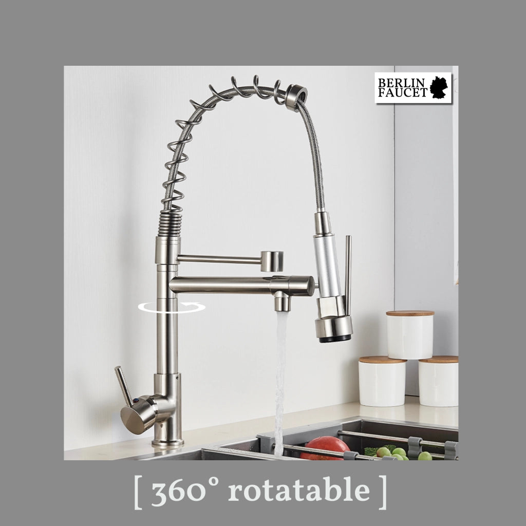 Bjorn | Rubinetto da parete gastronomia oro lucido Rubinetto cucina professionale in acciaio inox con due doccette|doppio lavello da parete ristorante