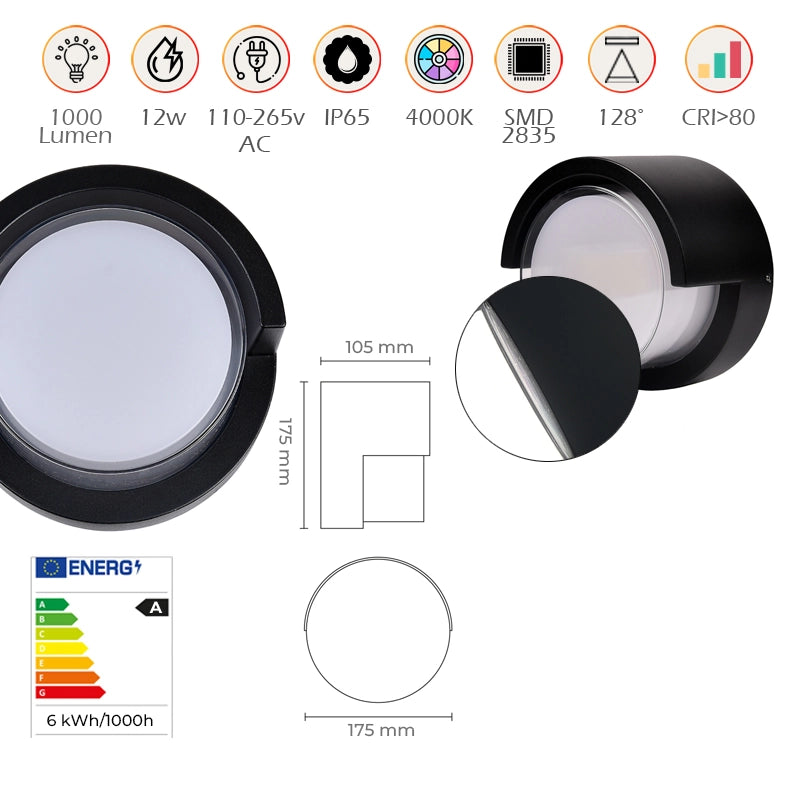 APPLIQUE LED DA PARETE 15W IP65 PER ESTERNI DESIGN TONDO LUCE NATURALE - IDEALE PER TERRAZZI GIARDINI E PORTICATI STRUTTURA IN PLASTICA E PVC