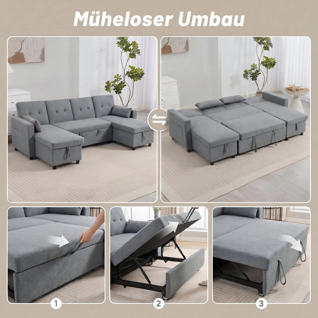 Divano letto angolare con contenitore ¨C Minimal ¨C Grigio, Tessuto, 240x220x90 cm