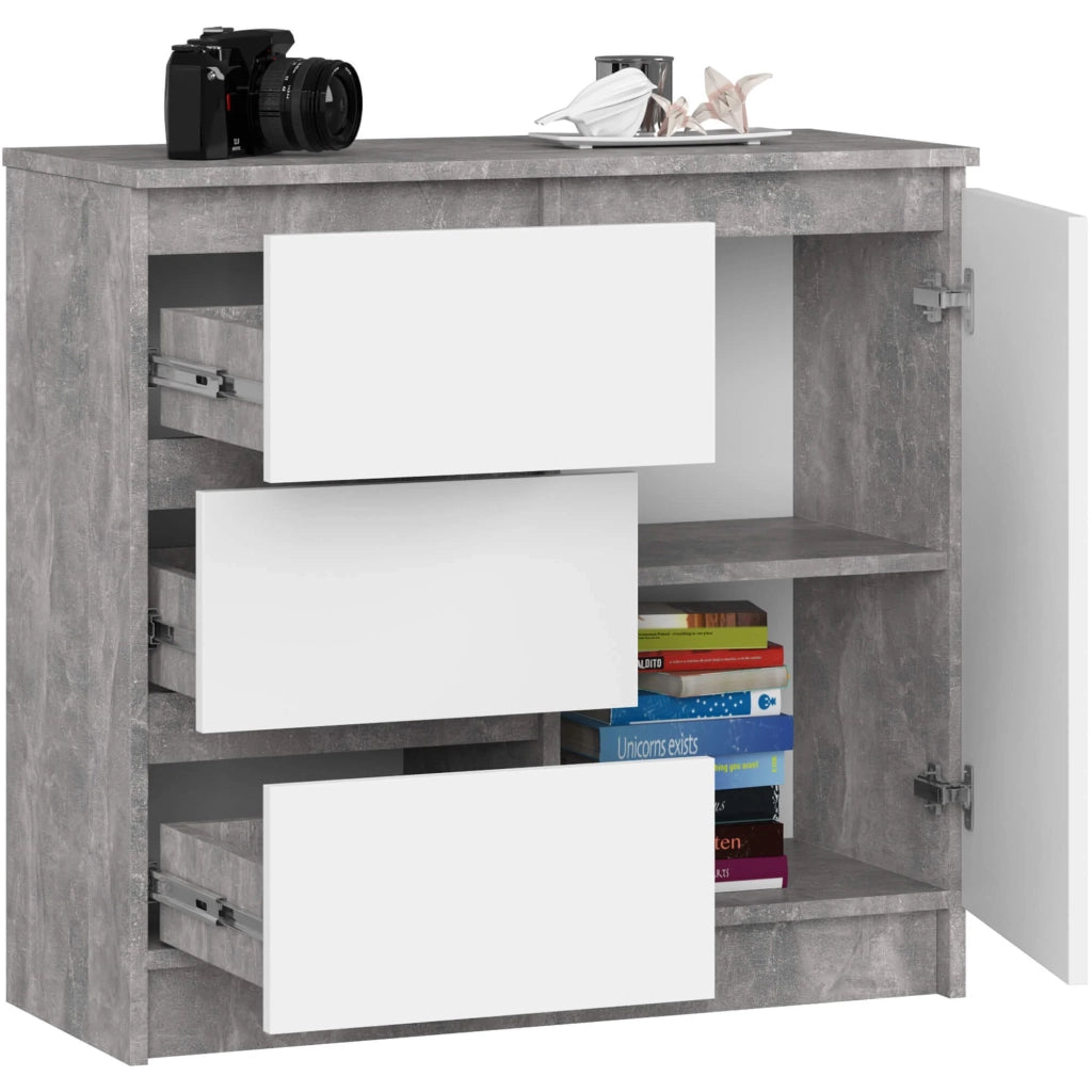Cassettiera AKORD JERRY Cassettiera Cemento 80 cm 1 anta 3 cassetti inserto frontale Bianco 80x35x77 cm