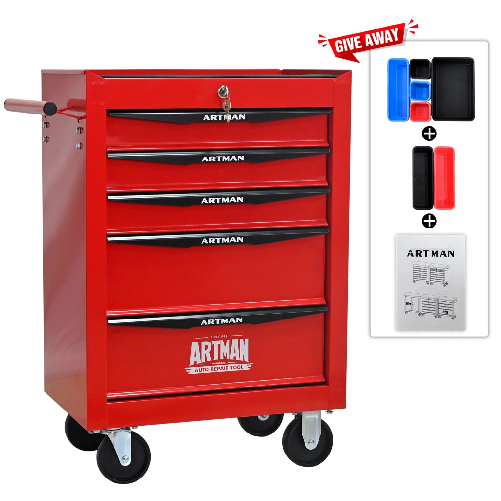 Mobile contenitore con 5 cassetti e ruote con chiusura a chiave per officina e garage; in acciaio; rosso e nero