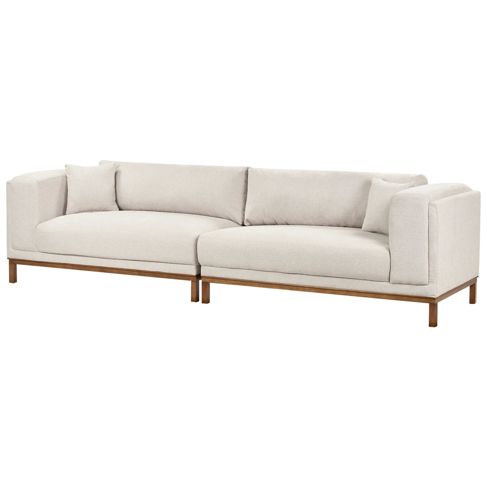 Divano moderno in tessuto beige chiaro 4 posti con gambe in legno stile moderno