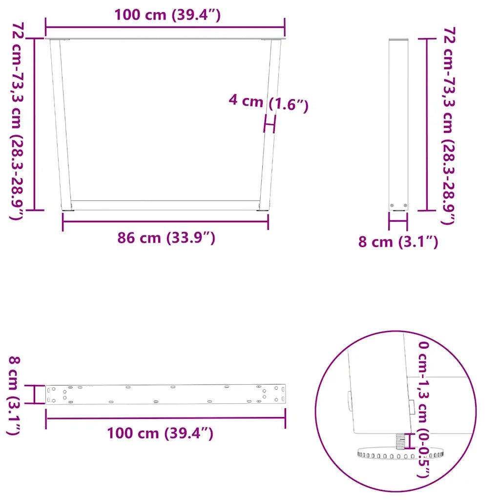 Gambe per tavolo da pranzo a forma di V 2 pz nere 100x(72-73,3) cm in acciaio 4012656