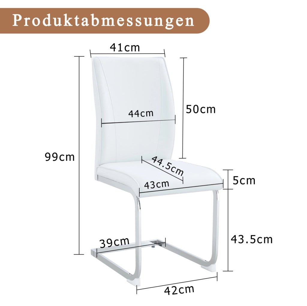 Sedia da pranzo moderna in PU bianco con struttura in metallo argento; schienale ergonomico