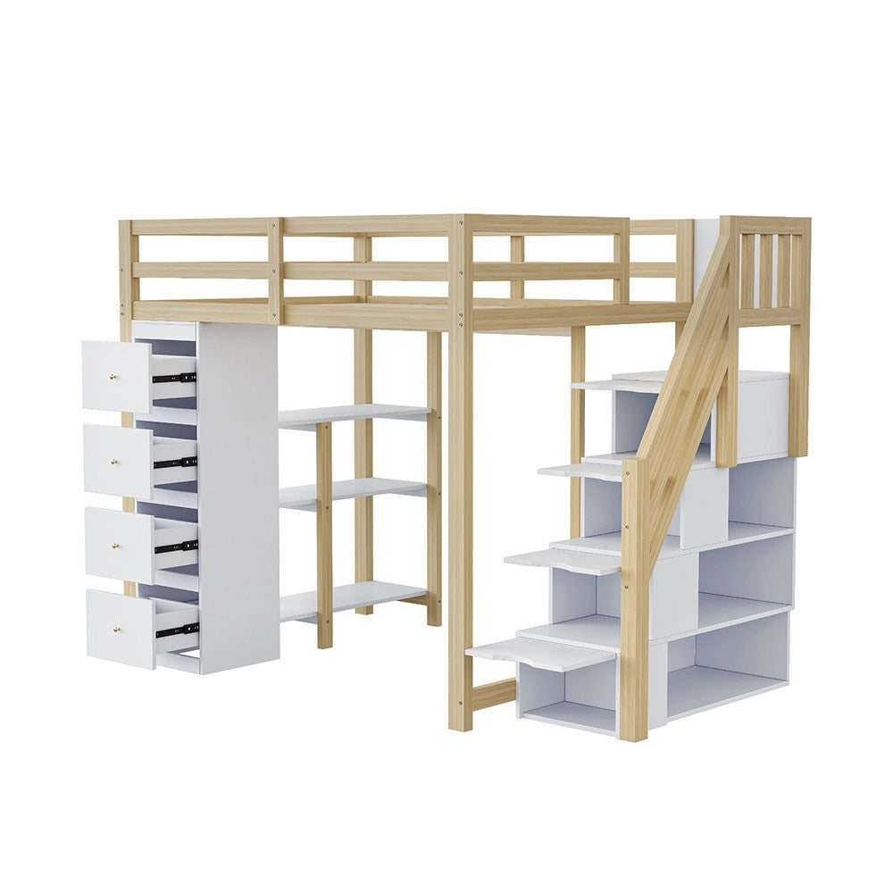 Letto a soppalco 140x200 cm - Xylo - Con cassetto e comodino, colore legno