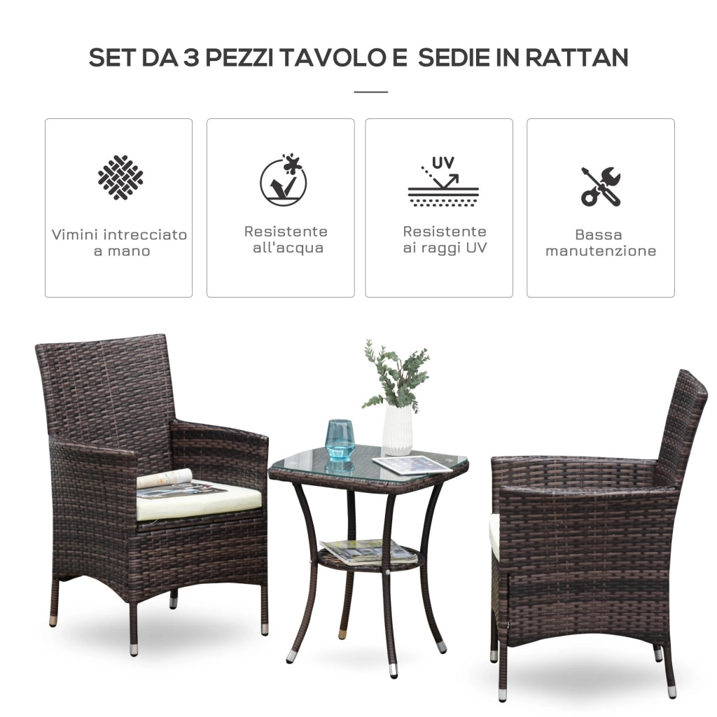 Set Giardino Tavolo con 2 Sedie ¨C zephmum ¨C Rattan Marrone con Cuscini
