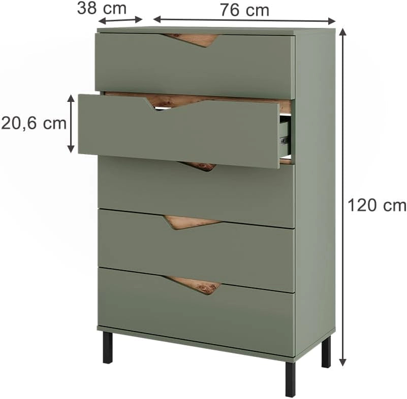 Cassettiera per camera da letto Marelle, Verde/Artigianale, 76 x 120 cm con 5 cassetti, adatto per riporre abiti e oggetti di uso quotidiano