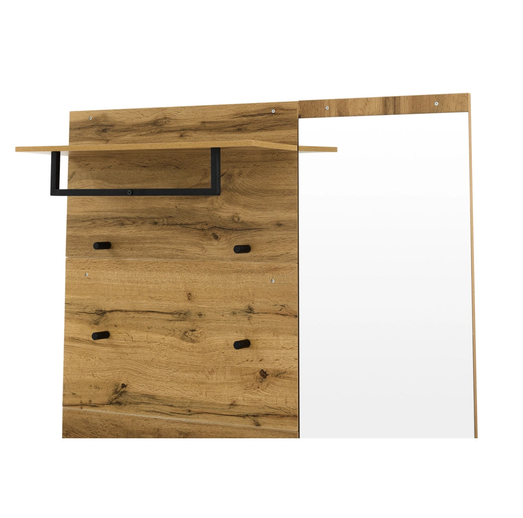Garderoba ingresso 190 cm in effetto legno con specchio; panca imbottita e porta scarpe; colore rovere