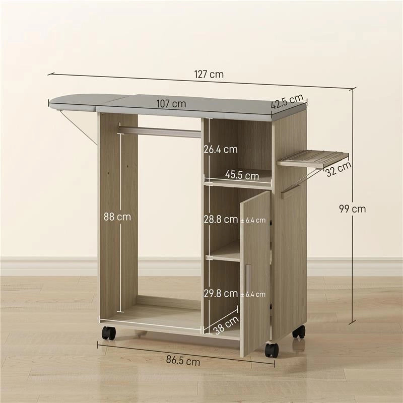 MOBILE ASSE DA STIRO CON PIANO D'APPOGGIO EFFETTO LINO, 3 RIPIANI A CUBO E GUIDA, 127X42.5X99 CM, MULTICOLORE