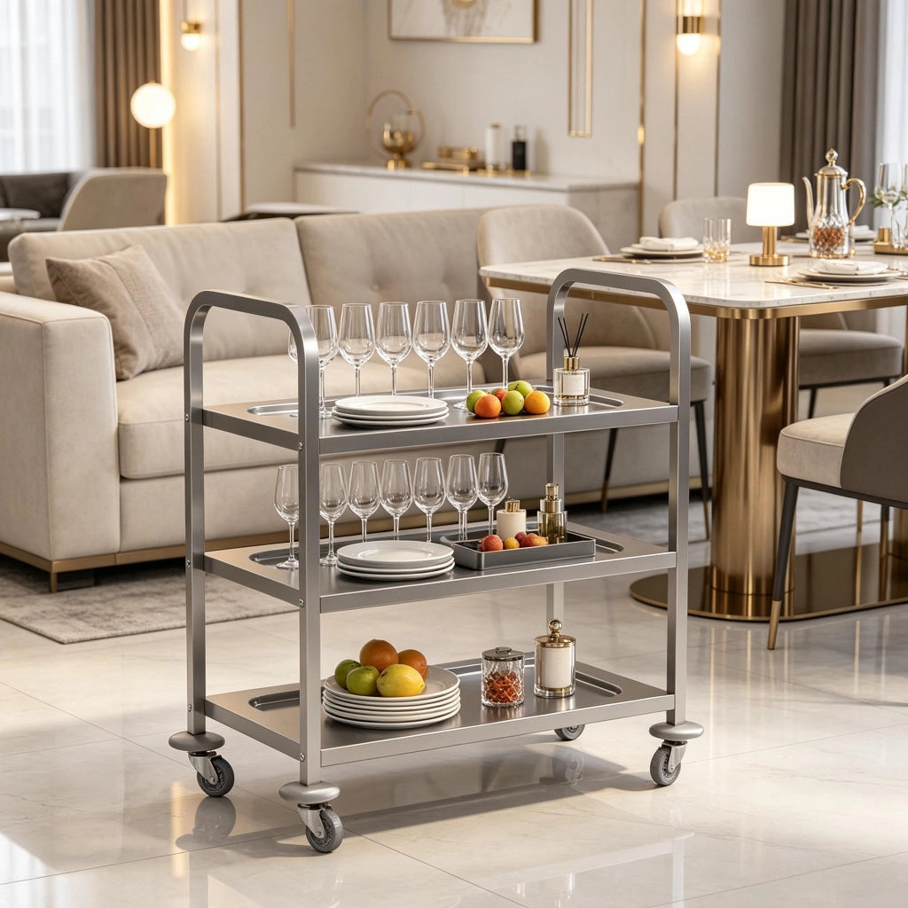 CARRELLO di servizio a 3 ripiani 90,5x50,5x88,2 cm in acciaio inox cromato