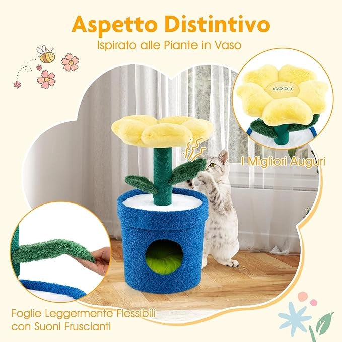Albero per Gatti con Posatoio a Forma di Fiore, Condominio a Forma di Vaso, Tiragraffi a Forma di Stelo, Foglie Flessibili, Centro di Attività Versatile per Animali Domestici (Giallo)