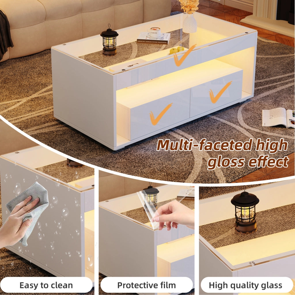 Tavolino da caffè LED bianco 100x50x40 cm con 2 cassetti