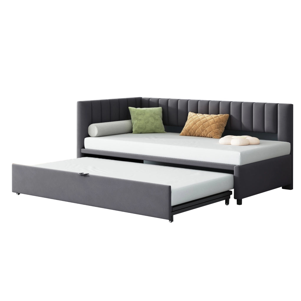 Divano letto a L 90x200 cm estraibile in velluto grigio con rete a doghe