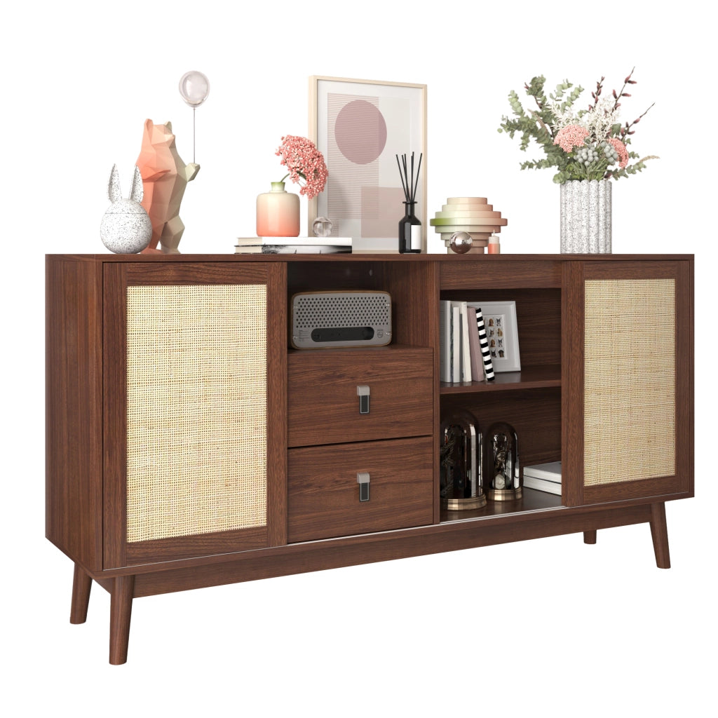 Credenza con 3 Ante Scorrevoli in Rattan e 2 Cassetti; Stile Naturale; in MDF; 155??38??80 cm; Legno