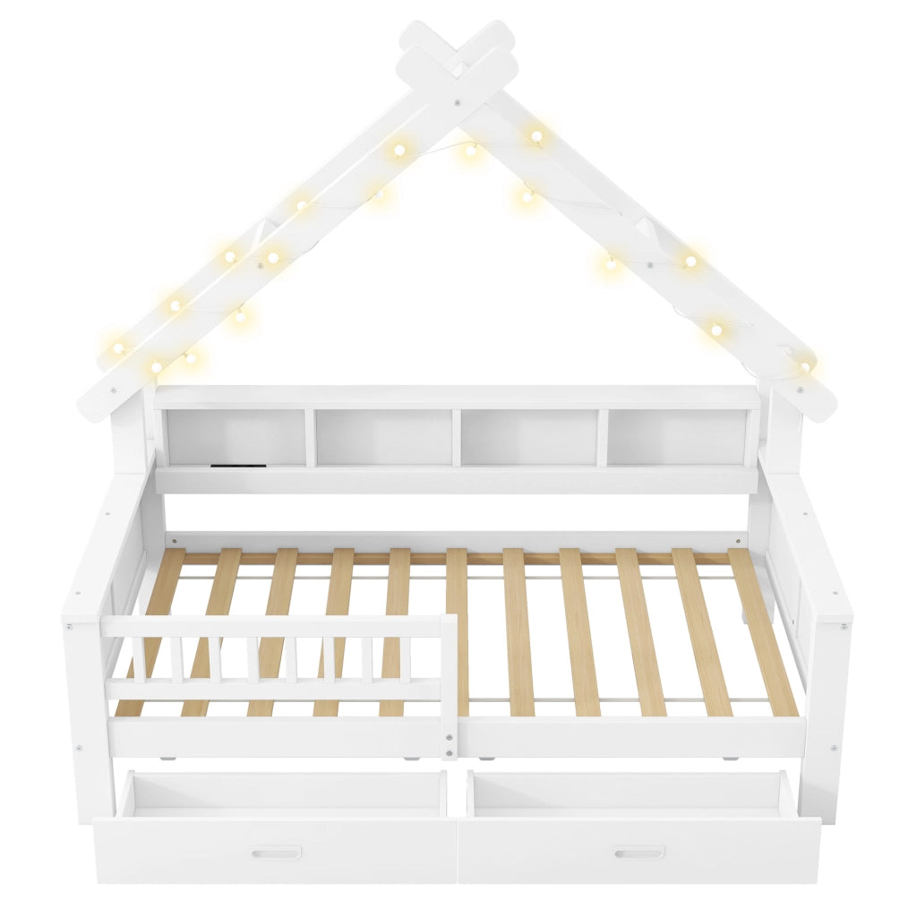 Letto a casetta 90x200 cm con LED; ripiani; 2 cassetti e protezione; bianco