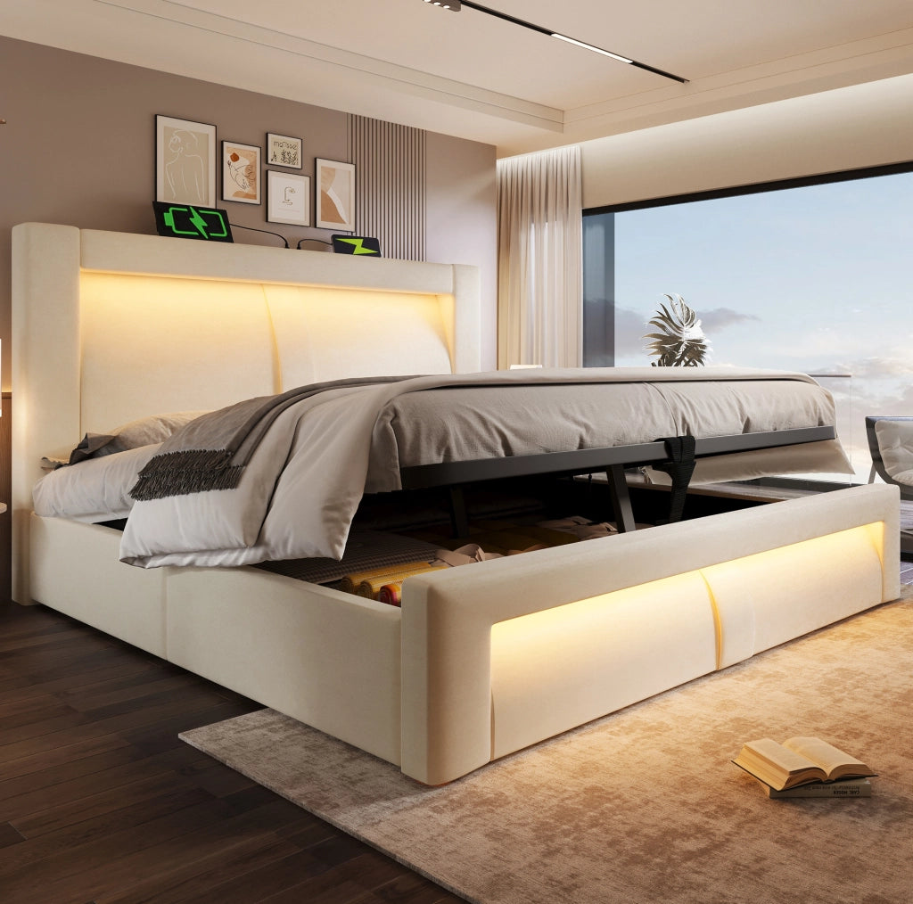Letto matrimoniale 160x200 cm con contenitore; LED; porte USB e Type-C; velluto beige
