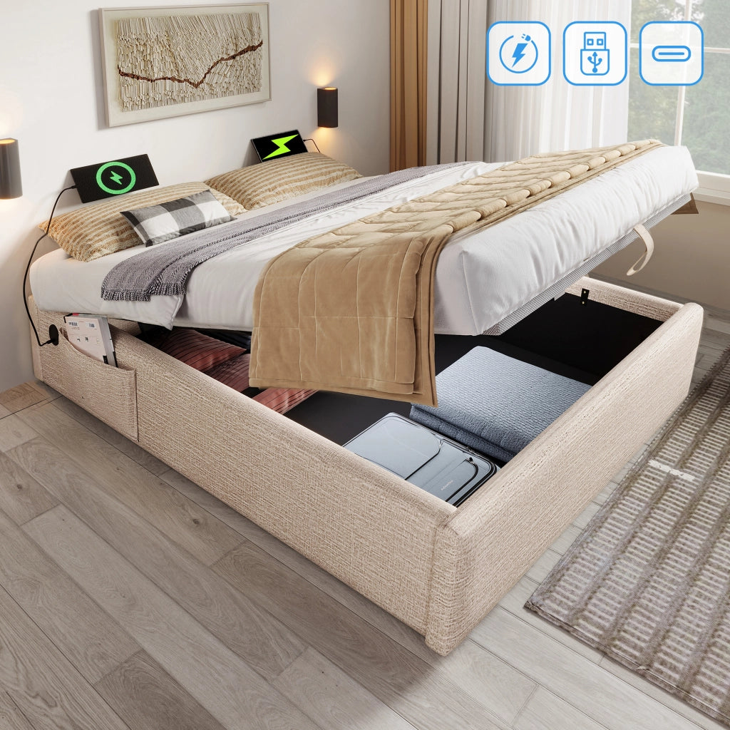 OKWISH Letto contenitore 140×200 cm, Letto Matrimoniale con USB, Tipo C e Vano Contenitore, senza Materasso, in Lino, Beige Naturale
