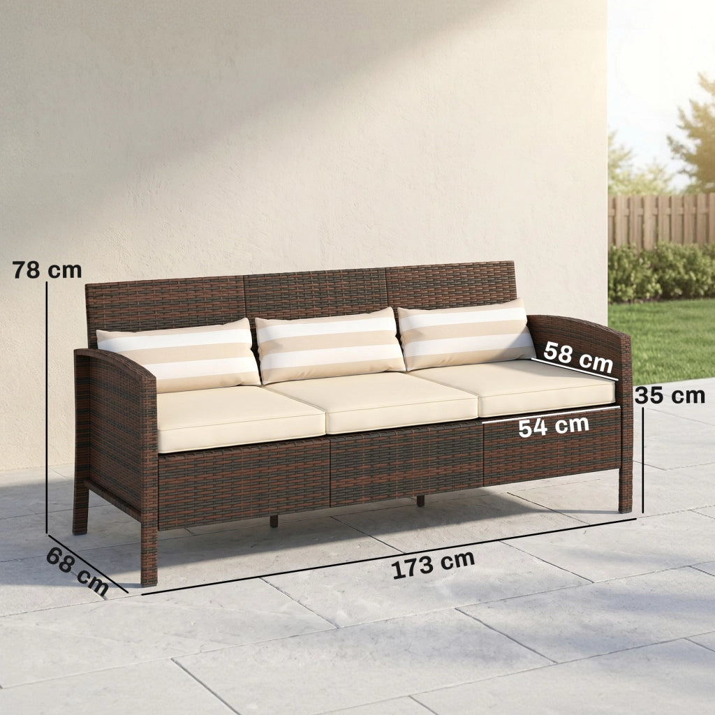 Divano 3 Posti da Esterno in Rattan PE con Cuscini Sfoderabili ¨C zephmum ¨C Marrone, 173x68x78 cm