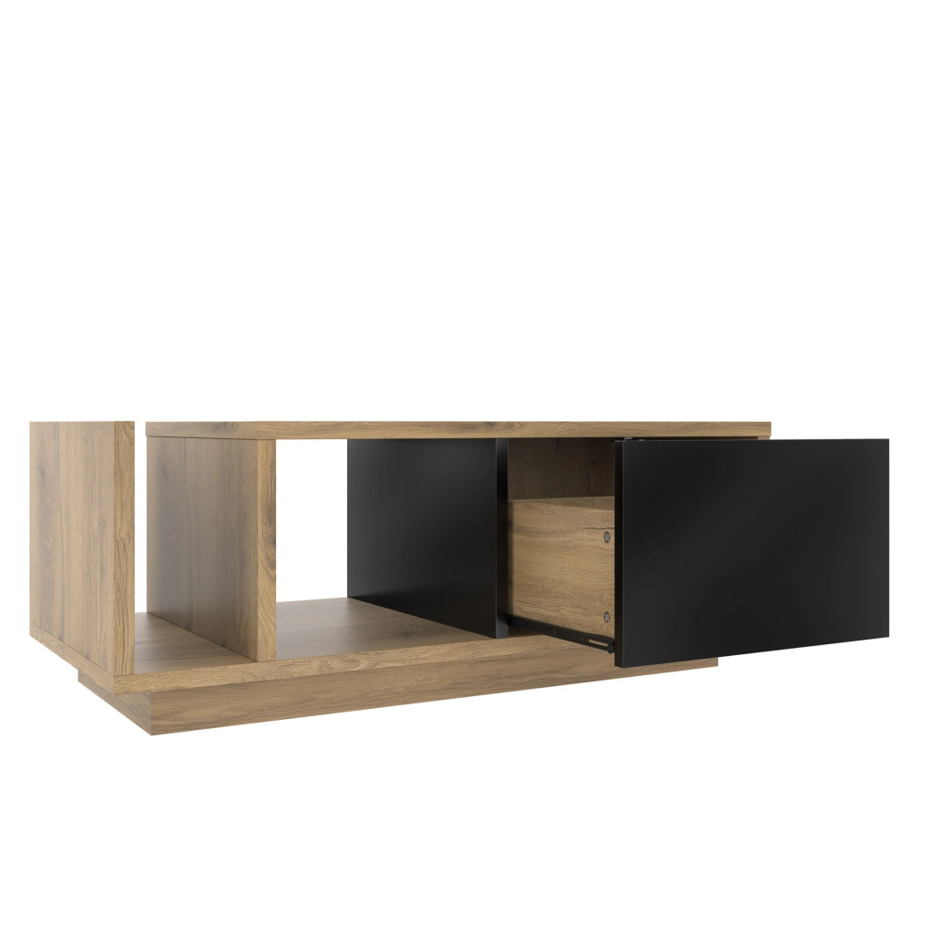 Tavolino basso con LED, 1 cassetto e vano aperto, stile retro, per soggiorno, in legno ingegnerizzato, naturale