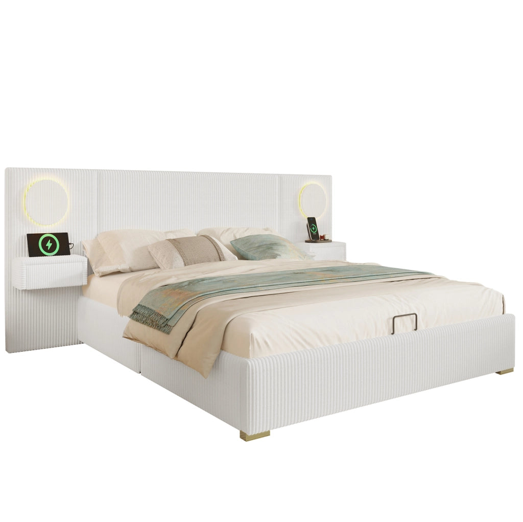 Letto imbottito beige 180 x 200 cm con LED, USB e vano contenitore