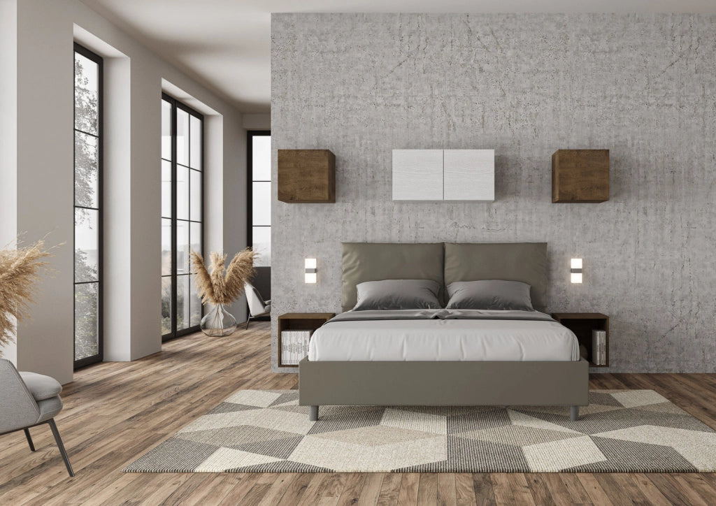 Letto Matrimoniale 160x190 cm con Rete e Contenitore con Alzata Comoda Imbottito in Similpelle Antea Cappuccino