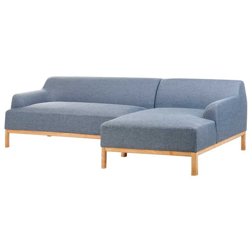 Divano angolare a sinistra Tessuto poliestere blu Gambe di legno Soggiorno elegante