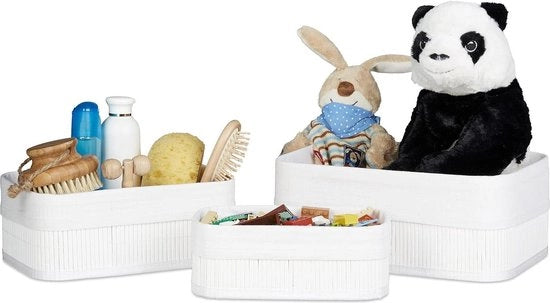 Set di conservazione a 3 pezzi rettangolare con stoffa di bambù - accessori per la vasca da bagno bianco
